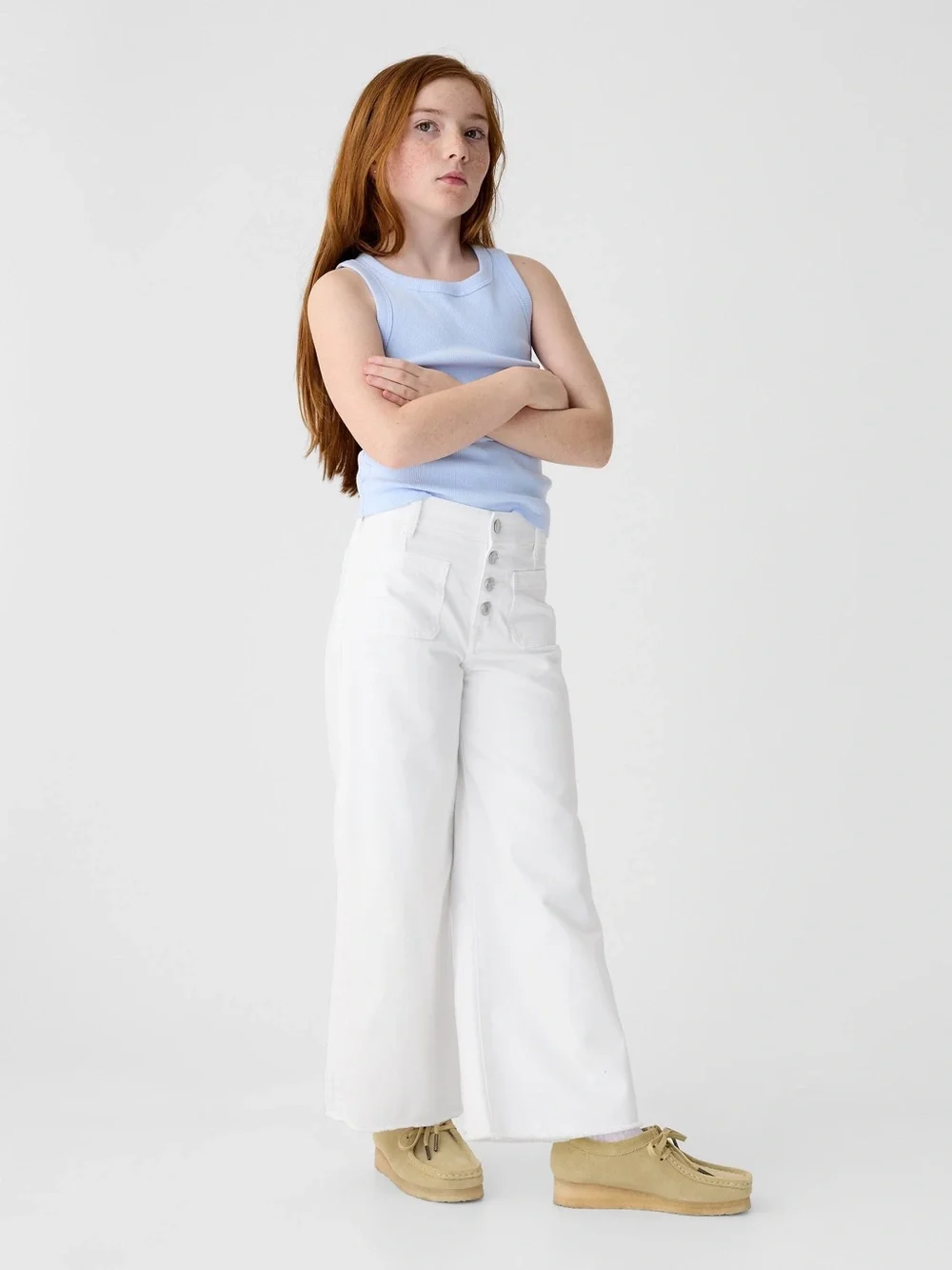 Gap Kids High Rise Stride Wide Angle Jeans White Denim Girls Size 8